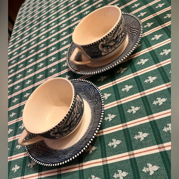2 Currier & Ives Coffee Tea Cups Mugs and Saucers - 4 Pieces Total - Picture 1 of 8
